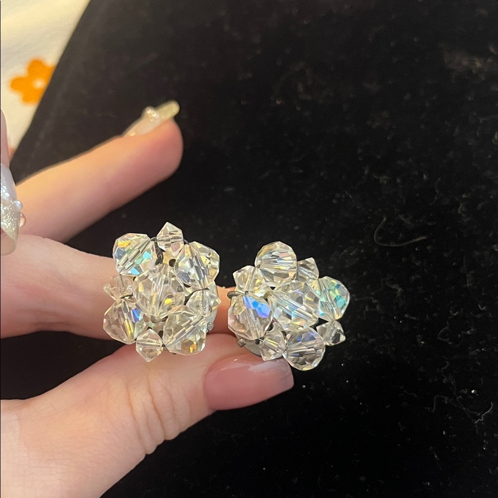 Vintage AB Crystal Cluster Clip On Earrings